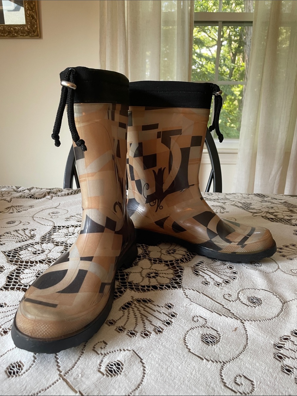 Salvatore Ferragamo Tan & Black Geometric Logo Waterproof Mid Calf Rain Boots